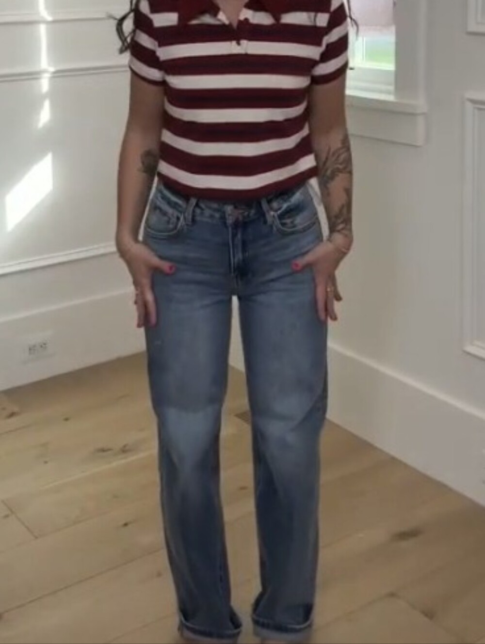 Pretty GARBAGE Striped Polo Top - Burgundy & Cream